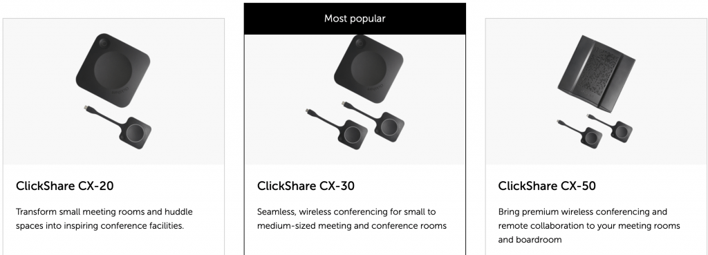 ClickShare là gì, ClickShare CX-20, ClickShare CX-30, ClickShare CX-50.