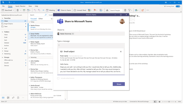 Outlook hiện có thể chia sẻ email và tệp đính kèm vào Microsoft Teams chat & channel