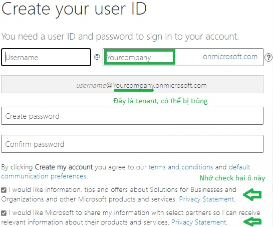 Đặt tên tenant và tài khoản quản trị