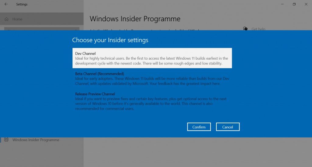 Lựa chọn phiên bản trãi nghiệm Windows 11