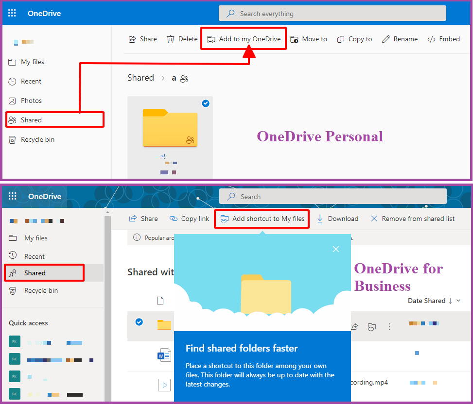 So sánh OneDrive for Business vs OneDrive Personal tính năng thêm chia sẻ vào My File.