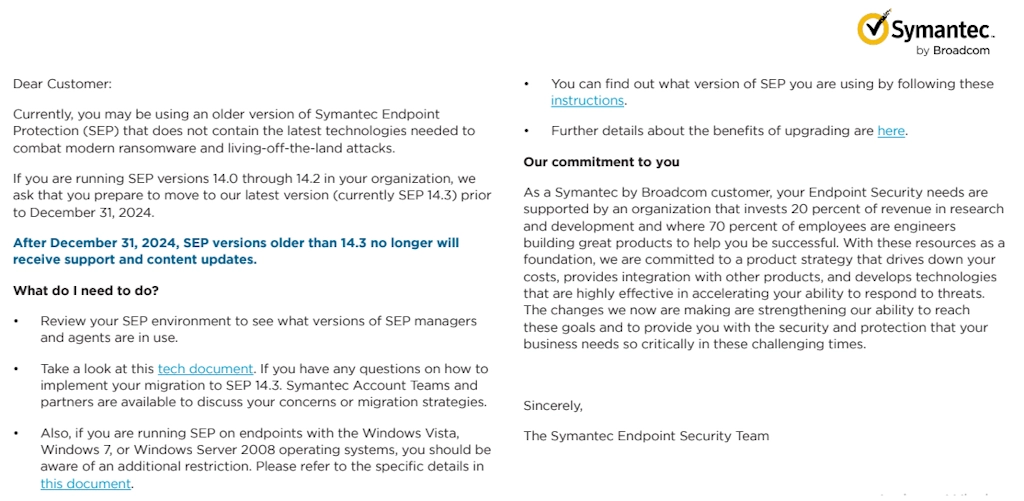 Email chính hãng Broadcom thông báo ngừng hỗ trợ Symantec Endpoint Protection từ 31/12/24